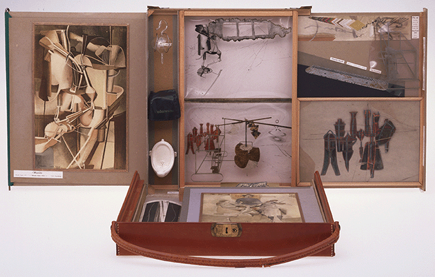 Marcel Duchamp, Box in a Valise (Boîte-en-Valise), from or by Marcel Duchamp or Rrose Sélavy (de ou par Marcel Duchamp ou Rrose Sélavy), 1935-1941. Philadelphia Museum of Art. Image: © Philadelphia Museum of Art / The Louise and Walter Arensberg Collection, 1950 / Bridgeman Images, Artwork: © 2022 Artists Rights Society (ARS), New York / ADAGP, Paris / Estate of Marcel Duchamp